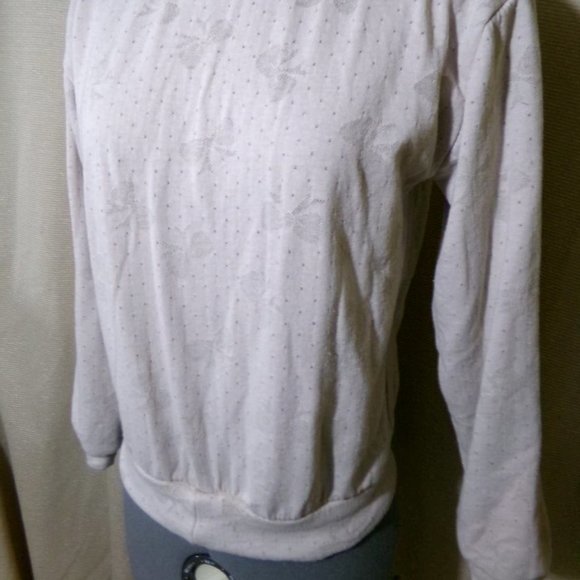 Bows print Layered Sweatshirt Top XS Beige Turtleneck Loose fit Lined top LS - Picture 6 of 11